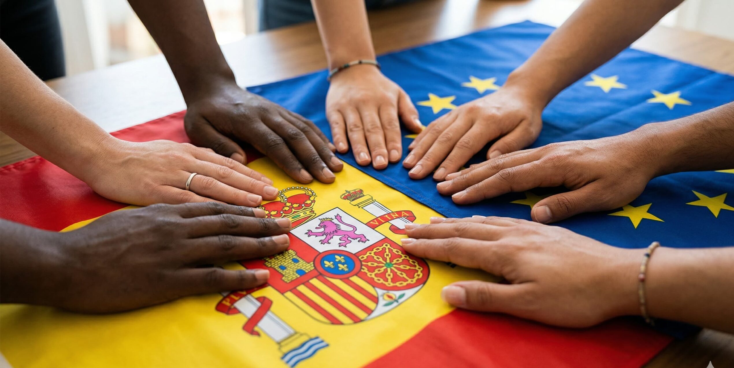 Manos unidas sobre las banderas de España y la Unión Europea, simbolizando el proceso de regularización de extranjeros gestionado por nuestros abogados en Villarrobledo.